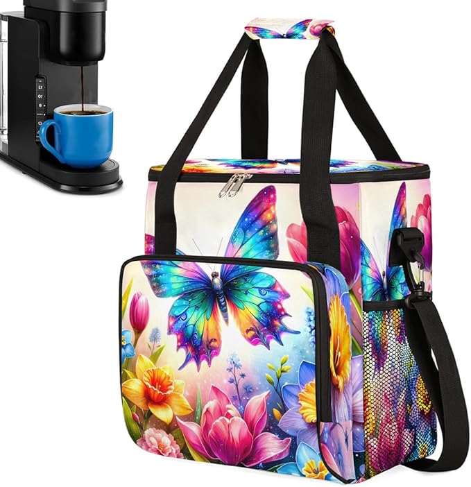 Spring Butterfly Flower Coffee Maker Carrying Bag Coffee Machine Travel Storage Bag Compatible with K-Mini or K-Mini Plus Portable Single Serve Coffees Brewer Case with Pockets for K-Cup Pods