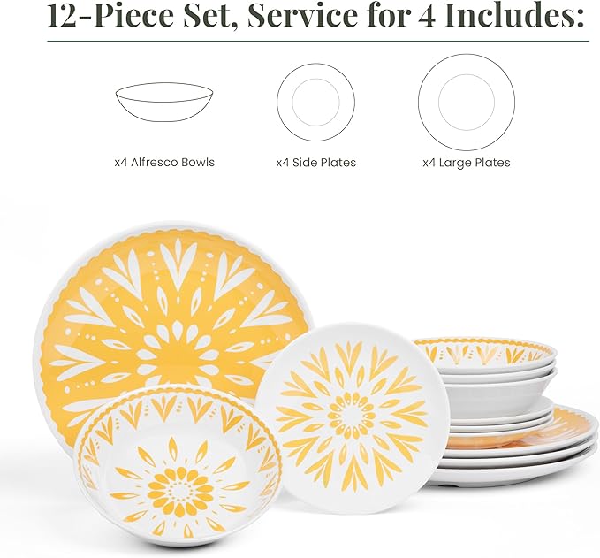 Larder &amp Vine 12-Piece Melamine Dinnerware Set: Durable Lightweight Break-Resistant Plates &amp Bowls – Stylish Non-Toxic Dishwasher Safe – Ideal for Everyday Use Indoor &amp Outdoor Dining