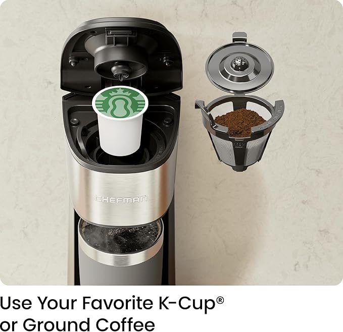 CHEFMAN Single Serve Coffee Maker K Cup Coffee Machine: Compatible with K-Cup Pods and Ground Coffee Brew 6 to 12oz Cup Drip Coffee Maker 40oz Water Reservoir Cup Lift Filter Included