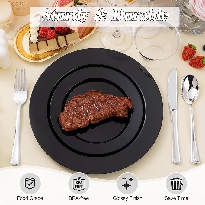 BESTSTAR 200PCS Black Plastic Plates Set 100 10.25 inch Dinner Plates and 100 7.5 inch Dessert Plates Premium Disposable Plates for Party Wedding
