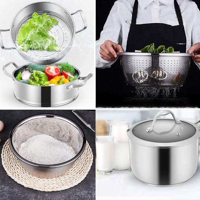 Stainless Steel Induction Cookware Set Professional Pots and Pans Set with Steamer and Lid for Even Heating Oven Stovetop