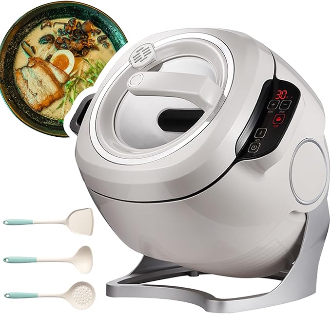 Lazy Wok Cooking Machine Commercial Food Processor 3 Speeds and 6l CapacityAutomatic Cooking Pot Fried Rice Machine 360° Rotatable Drum Wok Cooker - With 3 Cooking Utensils