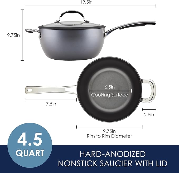 Rachael Ray Cook + Create Hard Anodized Nonstick Saucier Pan/Saucepan with Lid and Helper Handle 4.5 Quart - Black