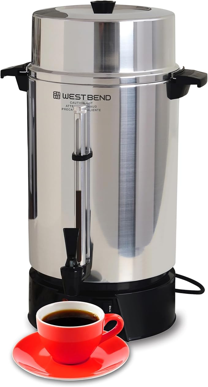 West Bend 33600 Coffee Urn Commercial Highly-Polished Aluminum NSF Approved Features Automatic Temperature Control Large Capacity with Fast Brewing and Easy Clean Up 100-Cup Silver