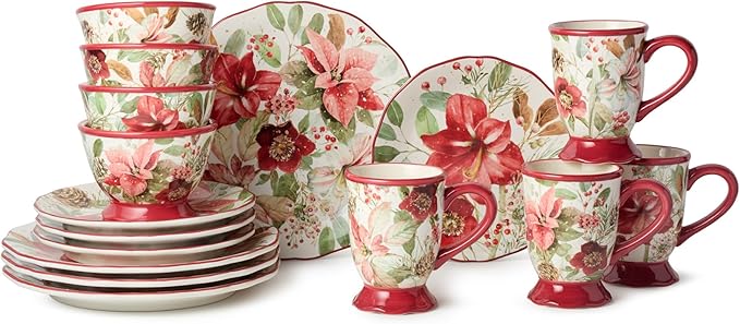 Winter Blooms 16-Piece Romantic Holiday Dinnerware Set – Elegant Floral Plates Mugs &amp Bowls for 4 – Dishwasher &amp Microwave Safe Christmas Tableware with Poinsettia Charm