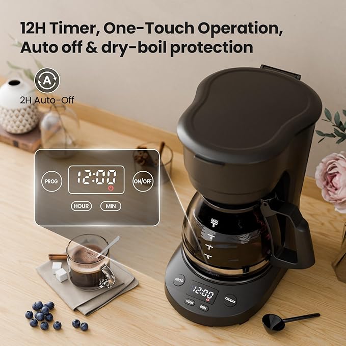 Kismile 5-Cup Drip Coffee Machine with LED Display Small Coffee Maker with Anti-Drip Timer Auto Shut-Off Dry-Boil Protection Removable Funnel Compact Ideal for Home &amp Office (Black)