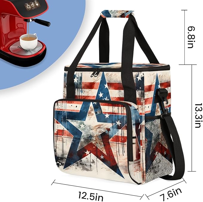 Star-burst 4th of July Coffee Maker Carrying Bag Travel Storage Bag Compatible with K-Mini or K-Mini Plus Single Serve Coffee Brewer Carrying Case with Multiple Pockets &amp Shoulder Strap