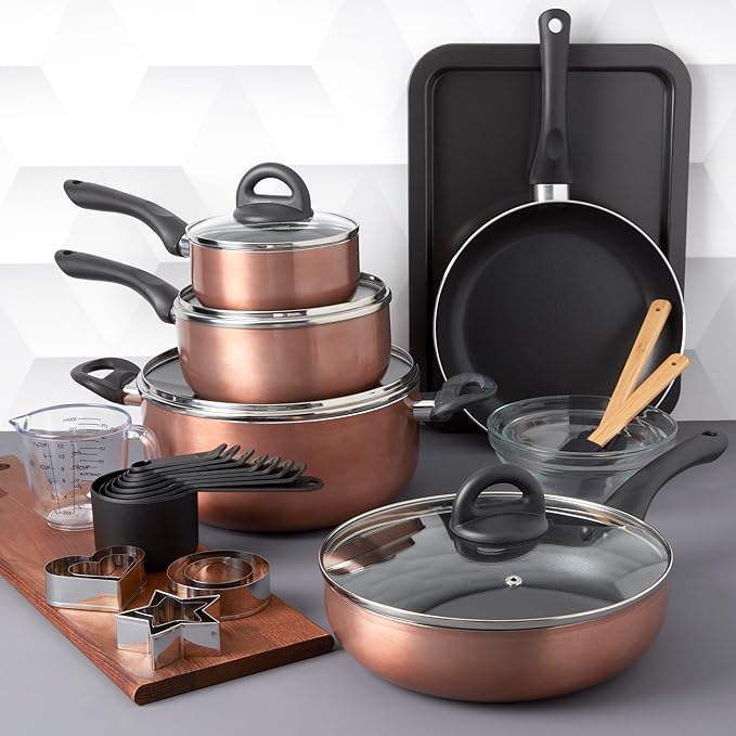 Basic Essentials 29-Piece Nonstick Cookware Pots Pans Set Baking Sheet Cookie Cutters Mixing Bowl Measuring Cups &amp Spoon Copper