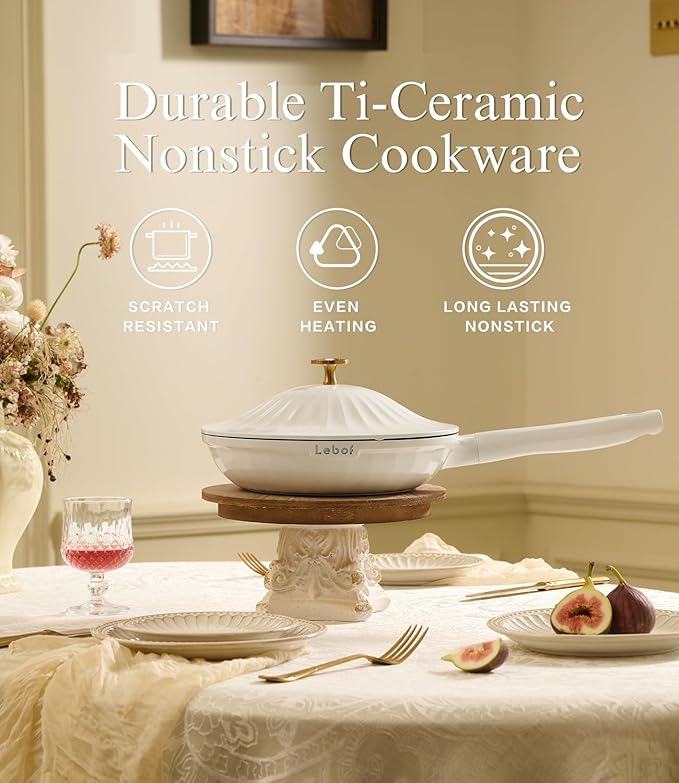 Nonstick Ceramic Cookware Set (7 Piece)–Titanium Cast Aluminum Pots and Pans Set with Lids Non Toxic PFAS-Free Compatible with All Stovetops–Pearl White