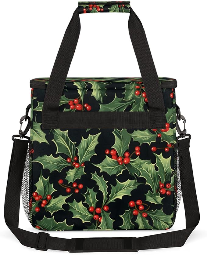 Holly Berry Flowers Coffee Maker Carrying Bag Glitter Flowers Travel Storage Bag Compatible with K-Mini or K-Mini Plus Single Serve Coffee Brewer Carrying Case with Multiple Pockets &amp Shoulder S