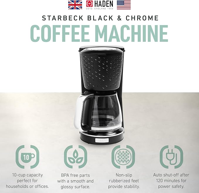 HADEN Starbeck Coffee Machine 10 Cup Automatic Drip Coffee Maker with Anti-Drip Function and Reusable Washable Water Filter Black &amp Chrome