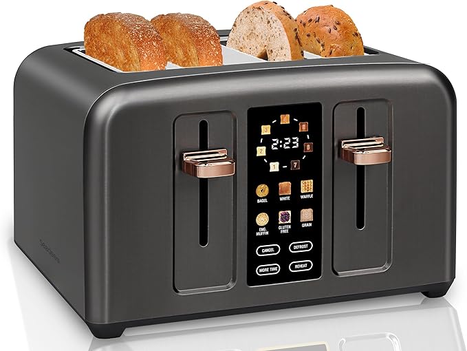 SEEDEEM Toaster 4 Slice Full Touch control Toaster LCD Display 6 Bread Type 7 Shade Settings 1.4''Wide SlotsMore Time Function Removable Crumb Tray 1800W Dark Metallic