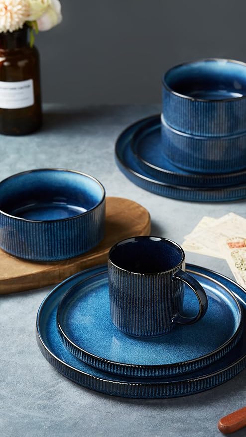 Famiware Star Dinnerware Set with Plates Bowls and Mugs Service for 4 (16-Piece) Stoneware Kitchen Dishes Dinner Plates - Nebulas Blue