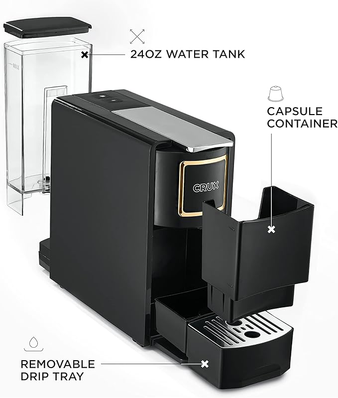 Crux Espresso Machine for Nespresso Pods - Programmable Coffee Brewer Capsule Compatible with Large Removable Water Tank and Drip Tray Black and Copper