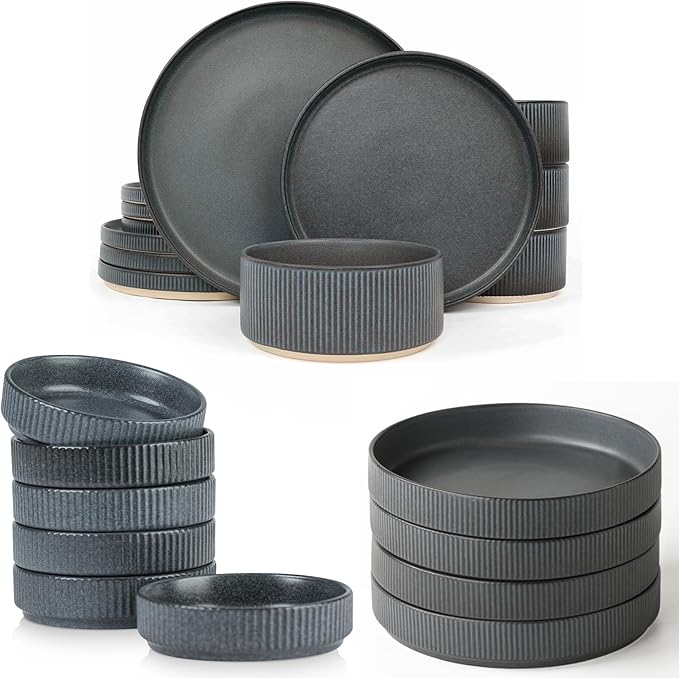 Famiware Dinnerware Set for 4 (12 Piece) and 8.25 Paste Bowl Set (4 Piece) and 4oz Dipping Bowl Set (6 Piece) - Star Stoneware Dishes - Matte Dark Charcoal