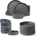Famiware Dinnerware Set for 4 (12 Piece) and 8.25 Paste Bowl Set (4 Piece) and 4oz Dipping Bowl Set (6 Piece) - Star Stoneware Dishes - Matte Dark Charcoal