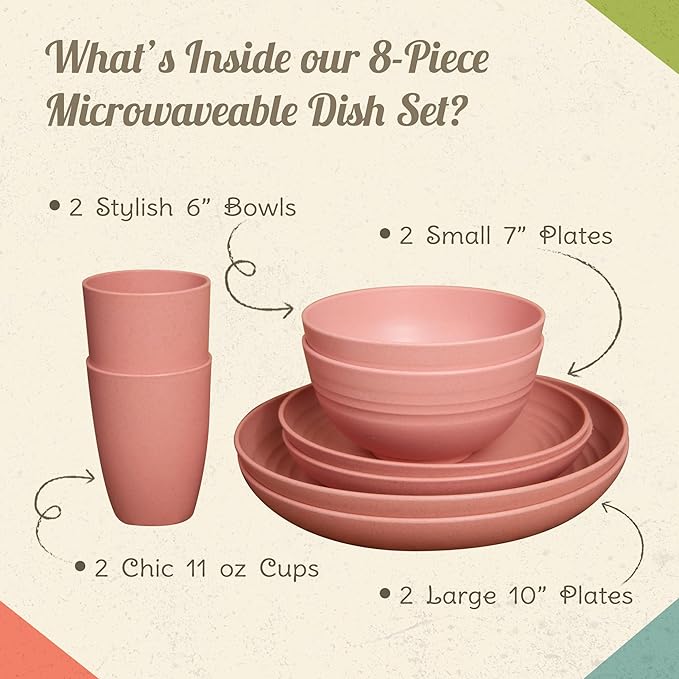 Camp Casual Camping Plates Cups and Bowls Set - 8-pc Wheat Straw Dinnerware Sets - 2 Bowls 2 Cups 2 Small &amp 2 Large Indoor/Outdoor RV Dishes - BPA Free Dishwasher &amp Microwave Safe (Drift wo