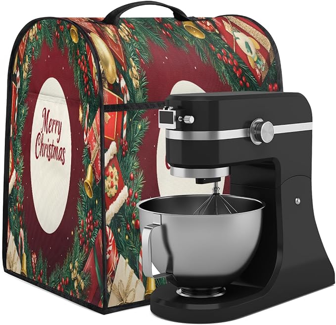 Kitchen Aid Mixer Cover Christmas Holly Xmas Stand Mixer Cover Compatible with 6-8 Quarts Stand Mixers Dust Covers with Zipper Pocket Foldable Washable Kitchen Aid Organizer Bag