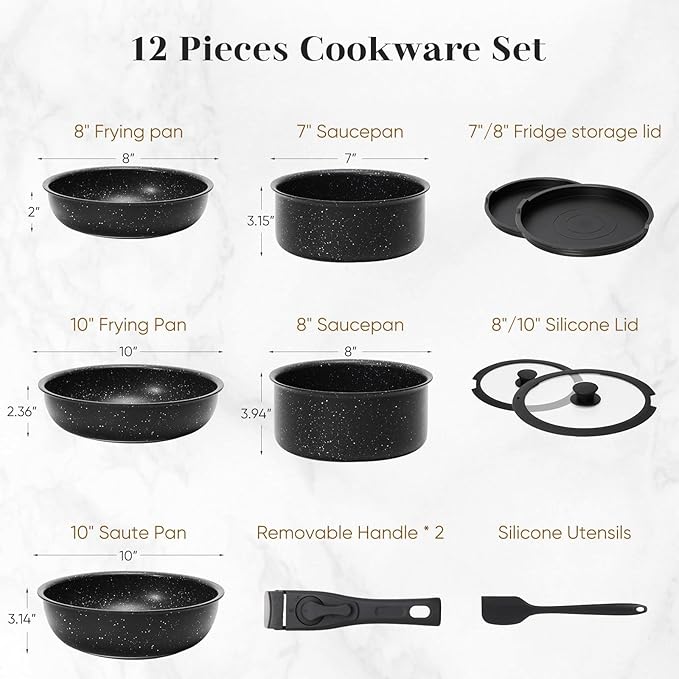 edx 12-Piece Nonstick Cookware Set with Detachable Handle Induction Compatible Dishwasher and Oven Safe Pots and Pans (Black)