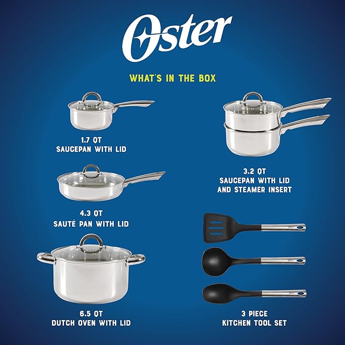 Oster Sangerfield 12-Piece Stainless Steel Cookware Set With Kitchen Tools Non-Stick Pots and Pans Durable Oven Safe Cookware for Home Cooking