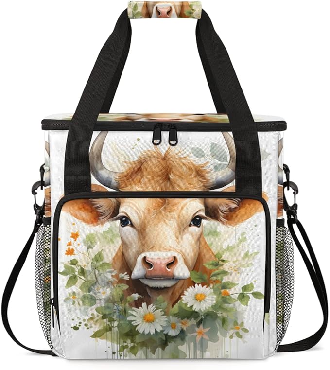 Cattle Cow Coffee Maker Carrying Bag Flowers Garland Travel Storage Bag Compatible with K-Mini or K-Mini Plus Single Serve Coffee Brewer Carrying Case with Multiple Pockets &amp Shoulder Strap