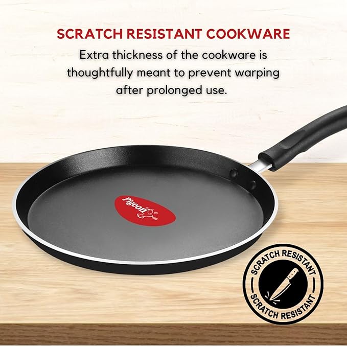Pigeon Mio Nonstick Aluminium Cookware Gift Set 8 Pieces (Black Red) Includes Fry Pan Tawa Kitchen Tool Set Kadai with Glass Lid