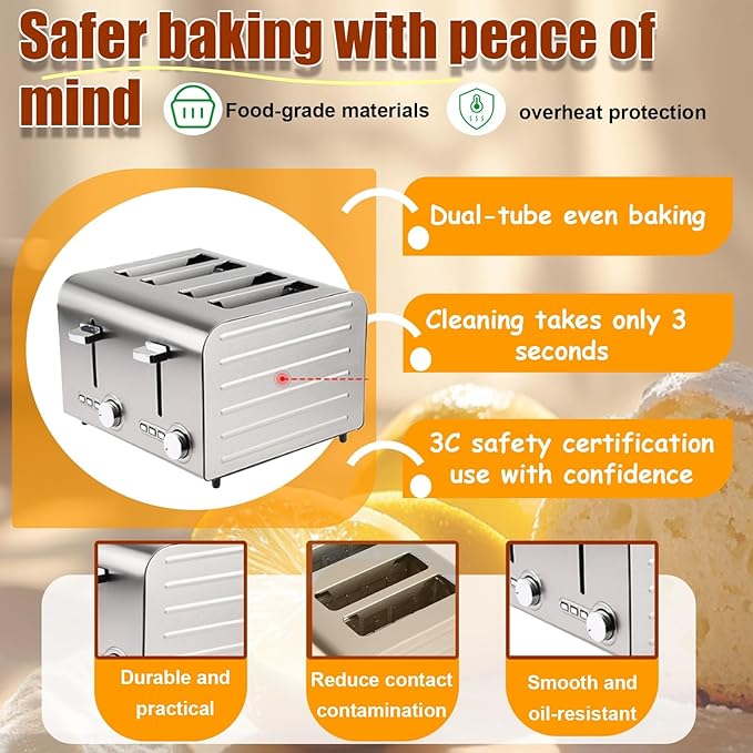 4/6 Slots Toaster with Extra Wide Slots Stainless Steel Dual Independent Controls Bagel Reheat Defrost Cancel High-Lift Lever Home Kitchen or Commercial Use(4 Slots)