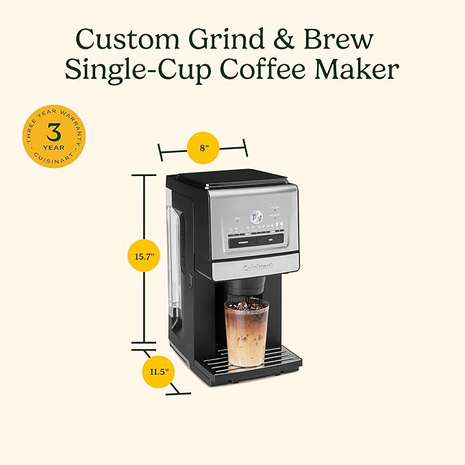 Cuisinart Coffee Maker Custom Grind and Brew Single Cup Coffee Maker 6 Cup Sizes Built-in Stainless Steel Burr Mill Adjustable Strength Grind Control and Over Ice Feature Easy Cleaning DGB-30