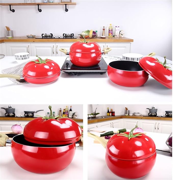 RUVOO Cookware Set Pots and Pans 3pcs Cookware Set Creative Kitchen Smoke- Free and Non- Stick Pot Set Soup Pot Milk Pot Frying Pan Aluminum Alloy Kitchen Cooking Set(B-Tomato Shape)