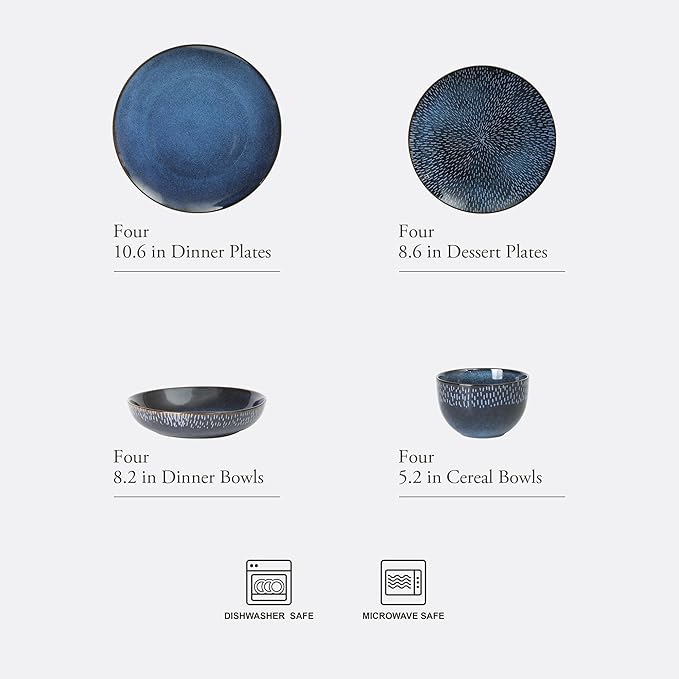 Gibson Elite Matisse 16-Piece Dinnerware Set – Double Bowl Reactive Glaze Cereamic Stoneware in Blue – Plates and Bowls Sets for 4 Microwave &amp Dishwasher Safe Rustic Modern Design