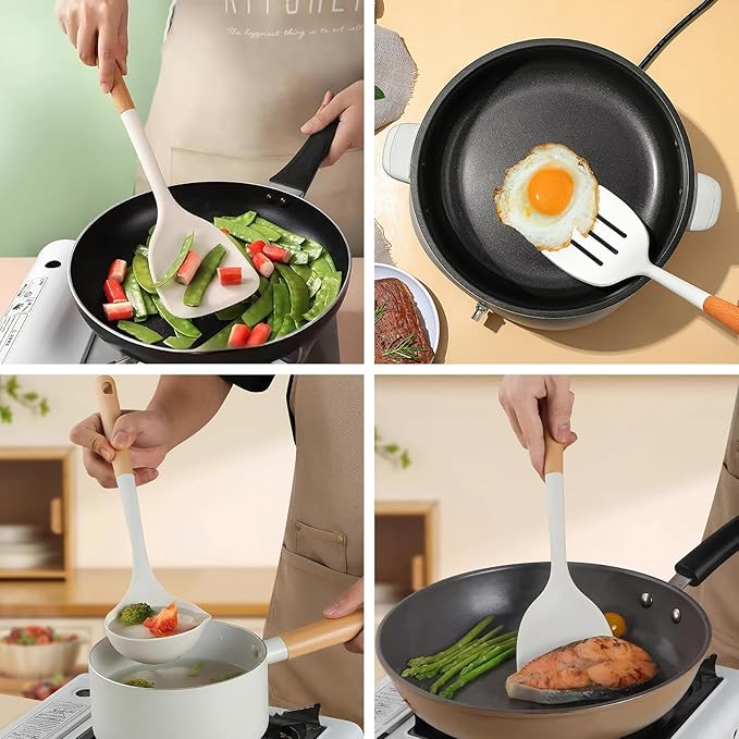 Silicone Cooking Utensils Set 5 Pcs Large Non-Stick Kitchen Utensils Set Wooden Handle Heat Resistance Turner Soup Ladle Spoon Silicone Cooking Kitchen Gadgets BPA Free for Nonstick Cookware