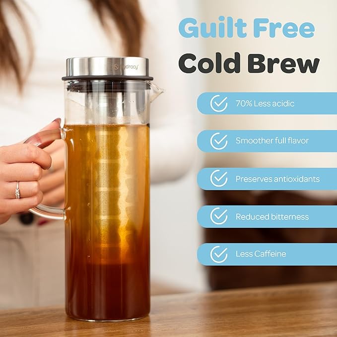 Cold Brew Coffee Maker - Large Glass Infusion Pitcher 1.6 Quarts 52oz - Iced Coffee &amp Iced Tea Pitcher with Stainless Steel Lid &amp Fruit Infusion Tube - Perfect for Home or Office