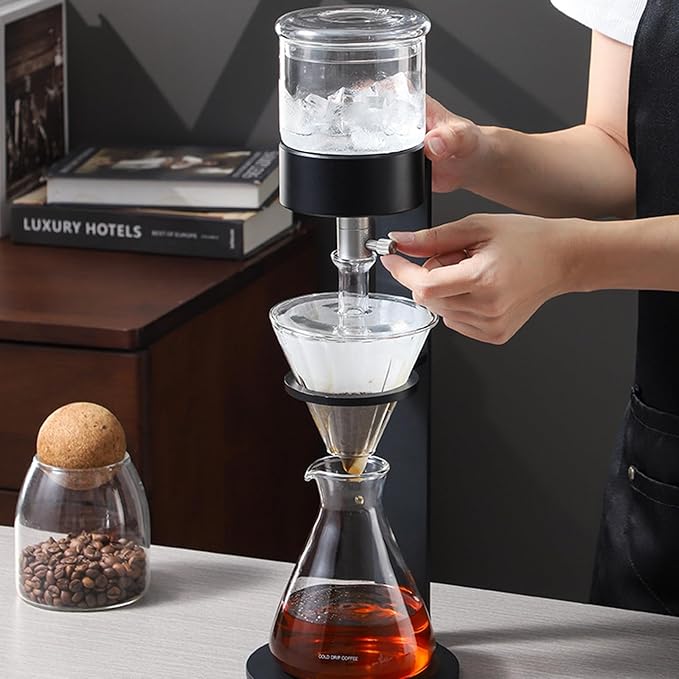 Ice Drip Coffee Maker Cold Brew Coffee Pitcher 500ml Cold Brew Drip Tower with Stainless Steel Adjustable Valve Borosilicate Glass Pot for Home Office Makes 2-3 Cups
