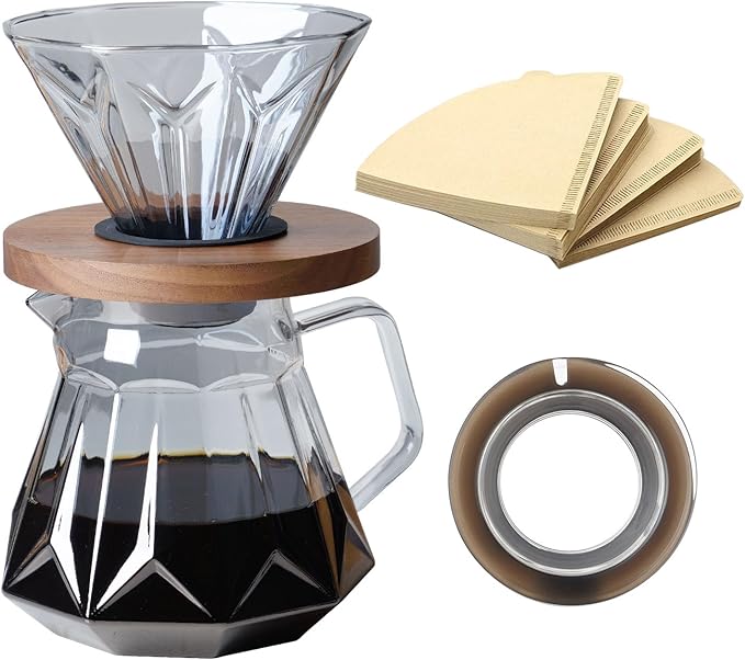 Pour Over Coffee Maker Set 21 oz/620ml Glass Pour Over Coffee Dripper Filter Coffee Maker Kit Manual Grinder with Walnut Handle for Home Office Cafe Restaurant Camping (Grey)
