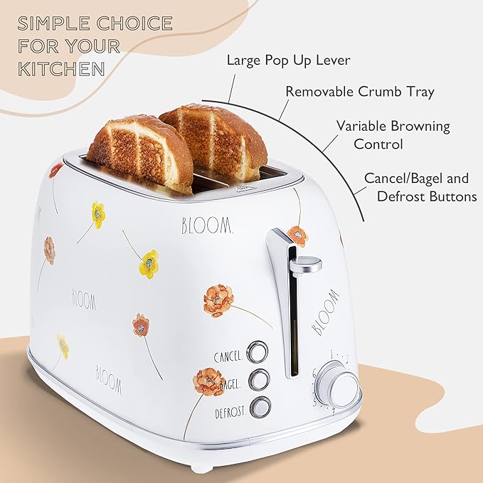 Rae Dunn Retro Rounded Bread Toaster 2 Slice Stainless Steel Toaster with Removable Crumb Tray Wide Slot with 6 Browning Levels Bagel Defrost and Cancel Options White Floral