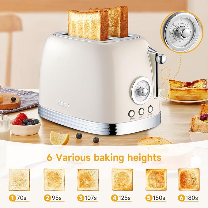Beige Cute Retro Toaster 2 Slice with 1.58 Wide Slots Bread toaster with Cover and Warm Rack Stainless Steel Toasters with Removable Crumb Tray Preheat Defrost Cancel Function (Cream)