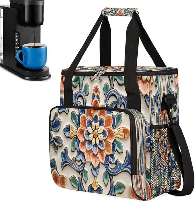 Ceramic Flower Blue Coffee Maker Carring Bag Travel Carrying Storage Tote Bag Compatible with Keurig K-Mini or K-Mini Plus Portable Single Serve Coffee Brewer Case with Pockets for K-cup Pods
