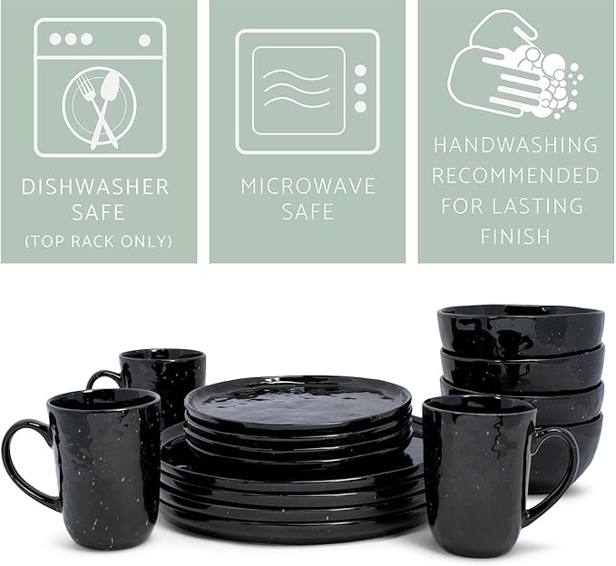 Elanze Designs Shiny Speckled Western Country Style Ceramic Plates Bowls Mugs Dinnerware 16 Piece Set - Service for 4 Black