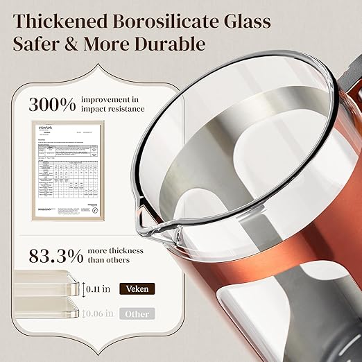 Veken French Press Coffee Maker 34oz 1 L No Plastic Touching Cafe Heat Resistant Thickened Borosilicate Glass Stainless Steel Brewer Cold Brew Cafetera Teapot for Kitchen Travel Camping Copper