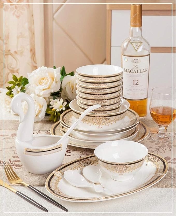 60-Piece Bone China Dinnerware Set - European-Style Elegant Plate &amp Bowl Set Service for 8-10