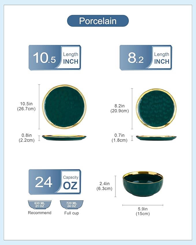 LOVECASA 12 Pieces Plates and Bowls Sets Porcelain Green and Gold Dinnerware Sets Round Dinner Plates Dishes Set Service for 4 Dishwasher Safe and Scratch Resistant Green