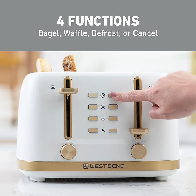West Bend Timeless 4-Slice Toaster with 7 Browning Levels Bagel/Waffle/Defrost Settings High-Lift Lever Anti-Jam Easy-Clean Crumb Tray 4-Slice White/Gold