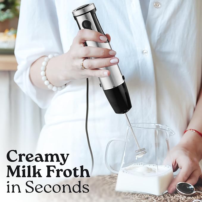 Zulay 4-in-1 Immersion Stick Mixer Hand Blender - 800 Watts 12 Speeds 5-ft Power Electric Cord Handheld Portable Stainless Steel Blades - With Whisk Frother &amp Stick Blender Attachments - Blac