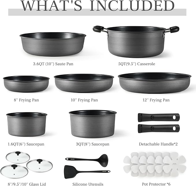 CAROTE 20pcs 4-Ply Premium Hard Anodized Pots and Pans Set Non Stick with Detachable Handle Dishwasher/Oven Safe RV Kitchen Cookware Set Nonstick Induction Cookware Large Capacity Pans and Pot Set