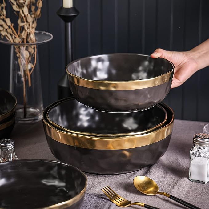 Stone Lain Florian Porcelain 3-Piece Round Bowl Service Set Black with Gold Rim