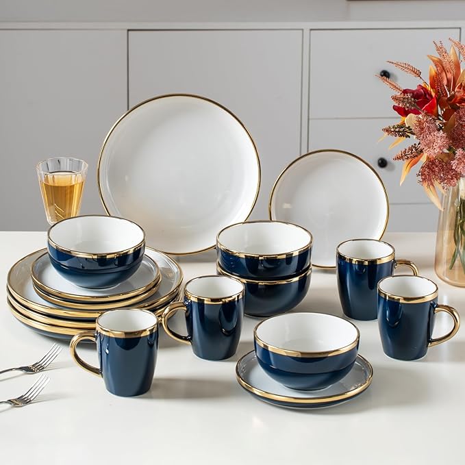 Stoneware Tableware Set for 4 Ceramic Dinnerware Sets with Gold Trim Including 10.5 Dinner Plates 7.75 Dessert Plates 6 Dinner Plates and 14oz Coffee Cups Porcelain (Blue Glod)