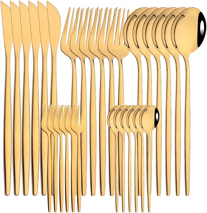 pureza 30Pcs Stainless Steel Black Gold Dinnerware Set - Cutlery Set For Kitchen &amp Dining Table(Gold)