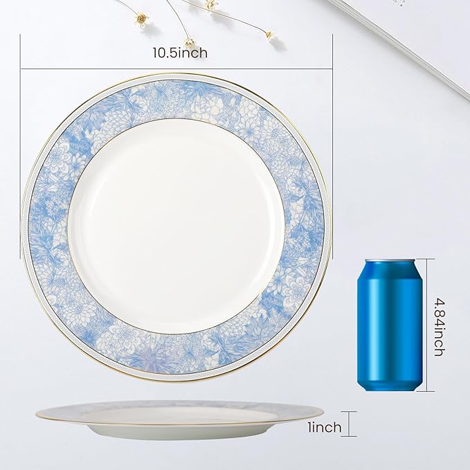 Fine Bone China Dinner Plates Sets4 Pcs 10.5 inch Electrooptic Pattern Plate Gilt Edged High Grade Dinnerware Sets For 4 People Suitable for Dining Party or GiftComes with Gift Box