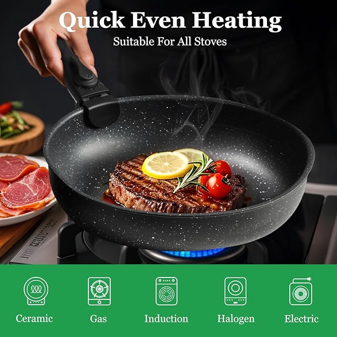 12Pcs Pots and Pans Set Nonstick Cookware Sets Kitchen Cooking Set with Spatula and Detachable Handle Black