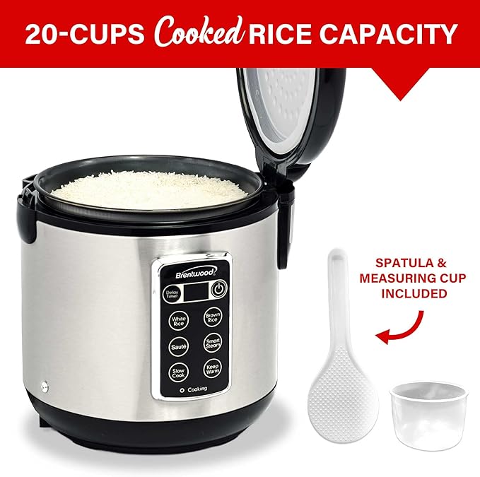 Brentwood 7-Function Smart Rice Multi-Cooker – Food Steamer Slow Cooker Sauté Keep Warm and 15hr Delay Timer with Spatula and Measuring Cup Stainless Steel (10 Cups Cooked / 5 Cups Uncooked)